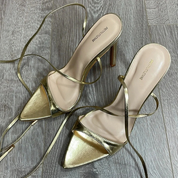 NWOT PrettyLittleThing Gold Point Toe Lace Up High Heeled Sandals US 7 (UK 4) - Picture 3 of 13